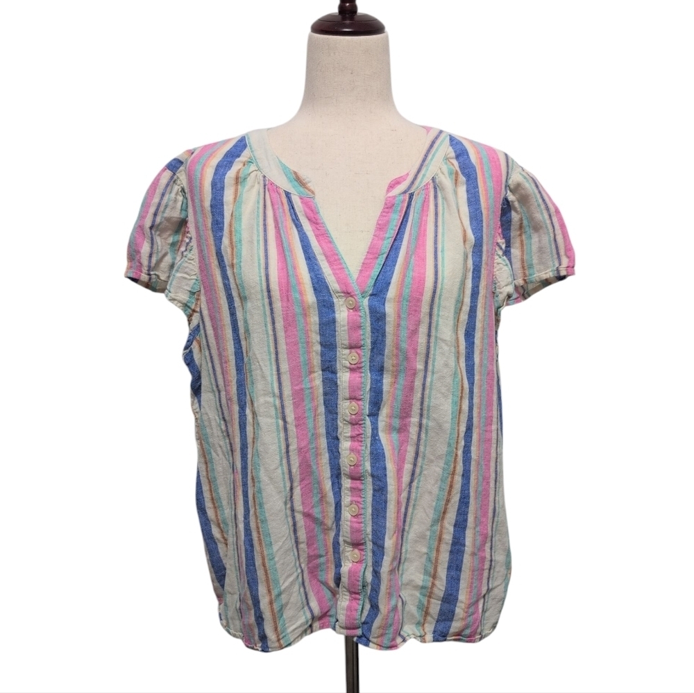 Style & Co. Linen Blend Ruffle Sleeve V-Neck Top Colorful Stripes Women's XL